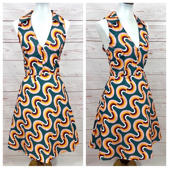 Modcloth Cotton Mod As Well Retro Rainbow Sleeveless Collar Pocket Swing Dress - Picture 1 of 13